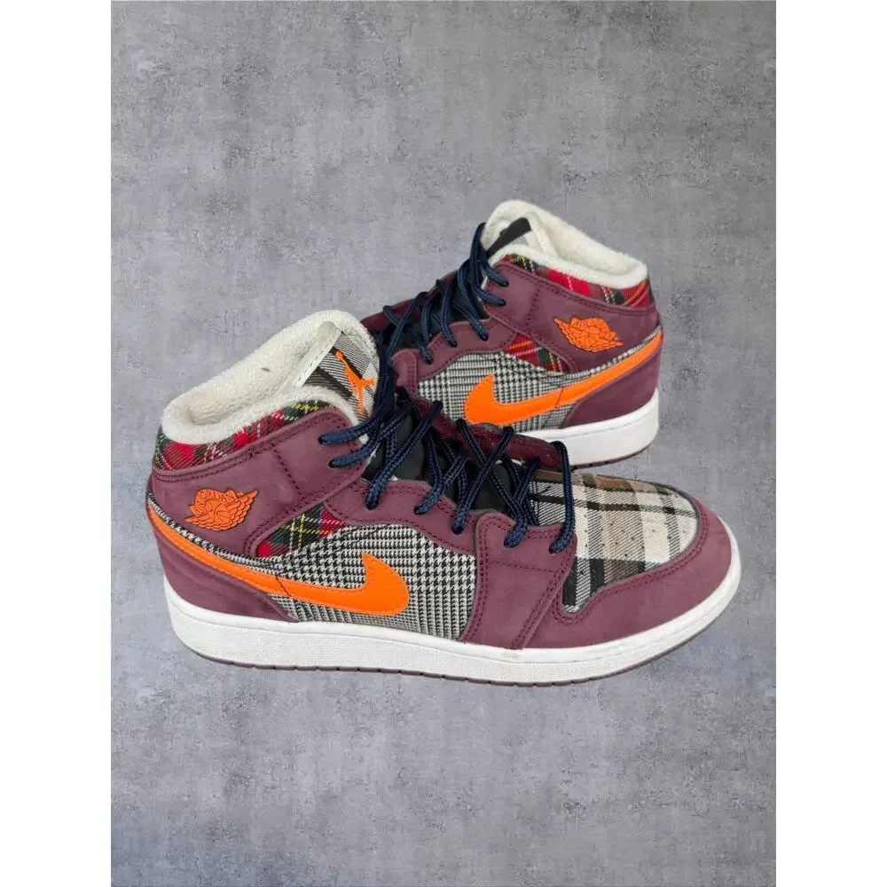 Jordan 1 Mid SE GS Tartan Swoosh Plaid Night Maroon FD5460-608 Size 5Y Women 6.5